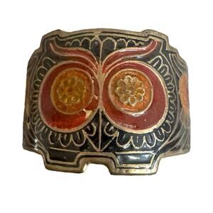 Vintage Brass Owl Cuff Bracelet Enamel India  * flaws 60s 70s 80s